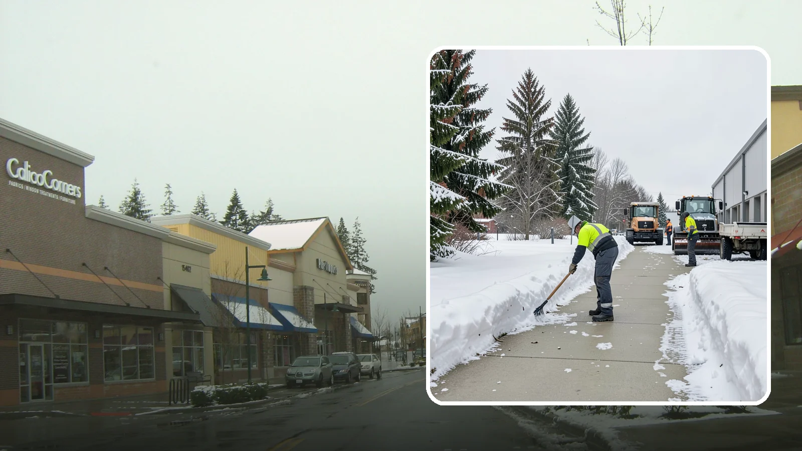 Industrial Facility Sidewalk Clearing in Mill Creek, Snohomish County, WA - Worker-safety sidewalk clearing for Western Washington industrial facilities, keeping crew walkways between buildings and lots...