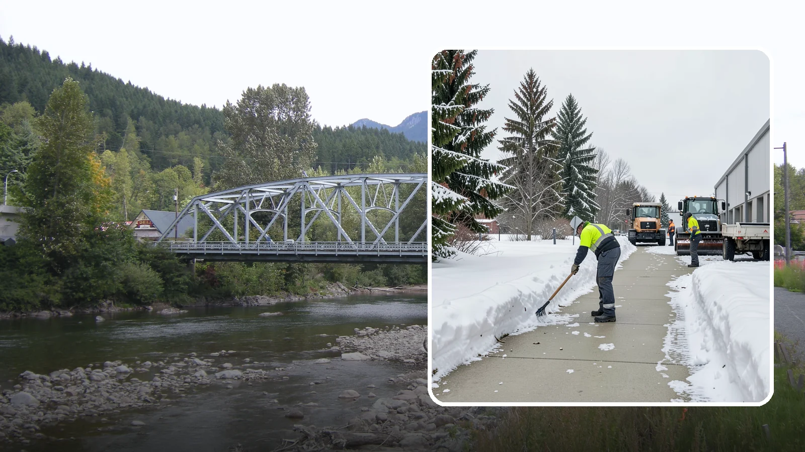 Industrial Facility Sidewalk Clearing in Skykomish, King County, WA - Worker-safety sidewalk clearing for Western Washington industrial facilities, keeping crew walkways between buildings and lots...