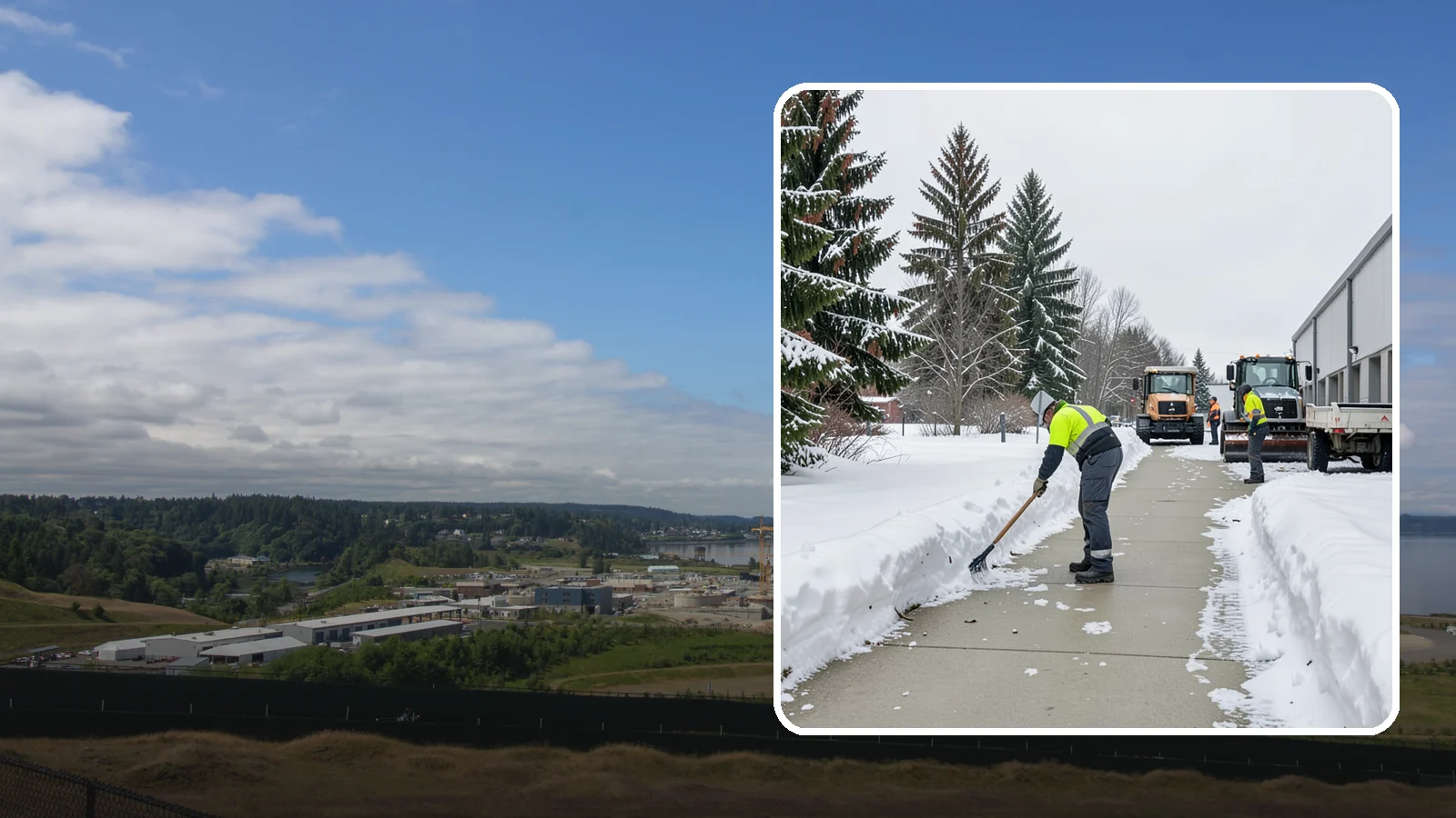 Industrial Facility Sidewalk Clearing in University Place, Pierce County, WA - Worker-safety sidewalk clearing for Western Washington industrial facilities, keeping crew walkways between buildings and lots...
