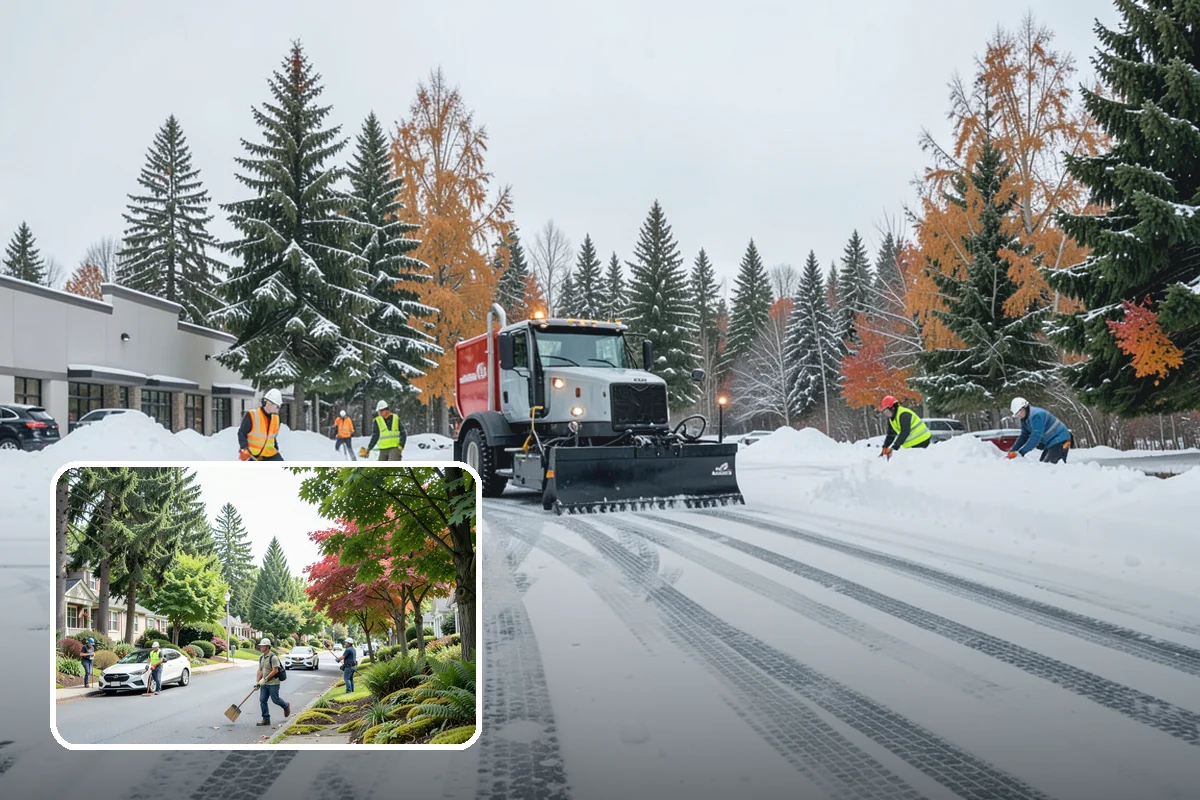 Industrial Facility Snow Plowing in Beaux Arts Village, King County, WA - Wide yards and truck routes cleared with heavy equipment