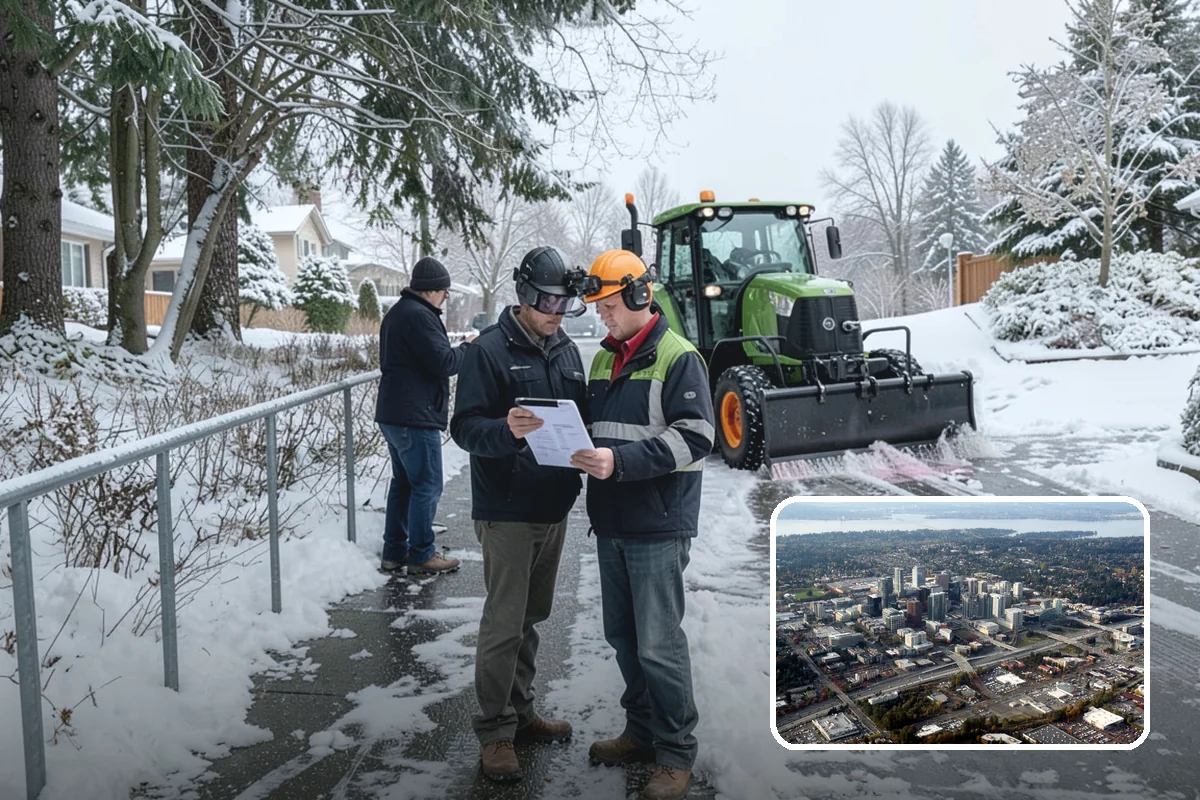 Industrial Facility Snow Plowing in Bellevue, King County, WA - Wide yards and truck routes cleared with heavy equipment