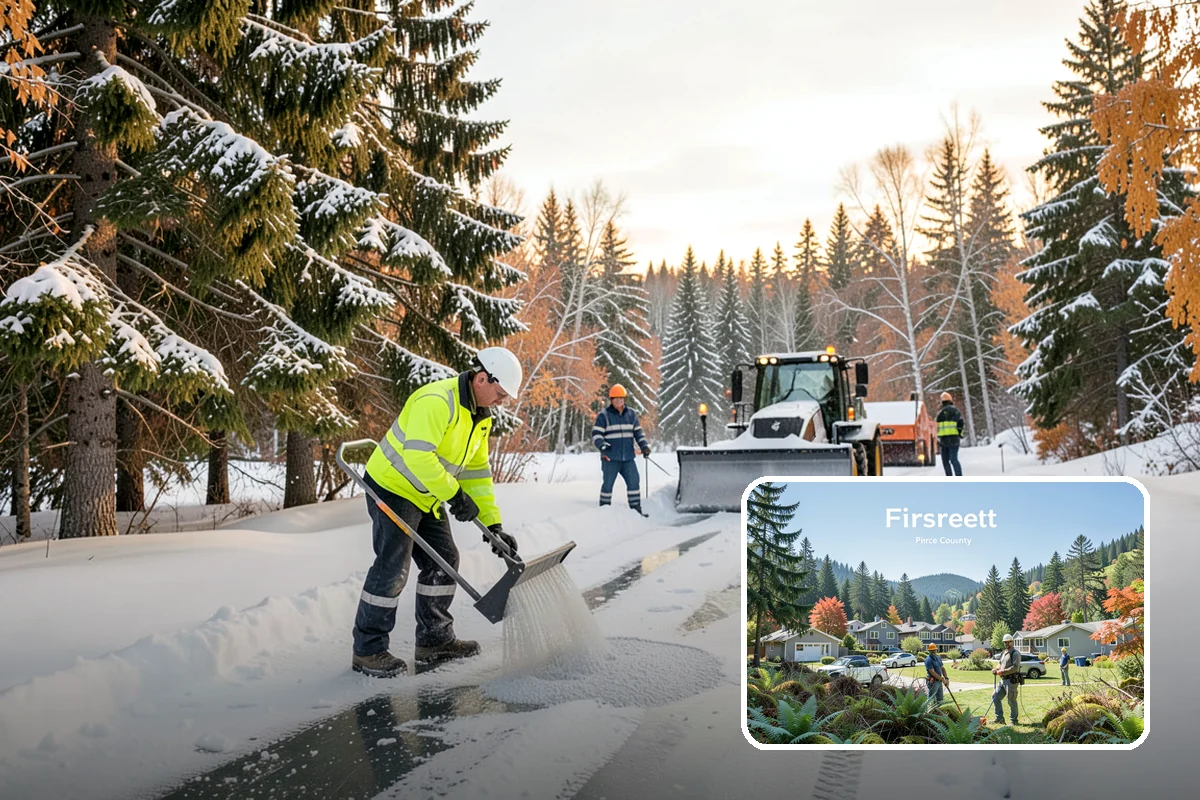 Industrial Facility Snow Plowing in Fircrest, Pierce County, WA - Wide yards and truck routes cleared with heavy equipment