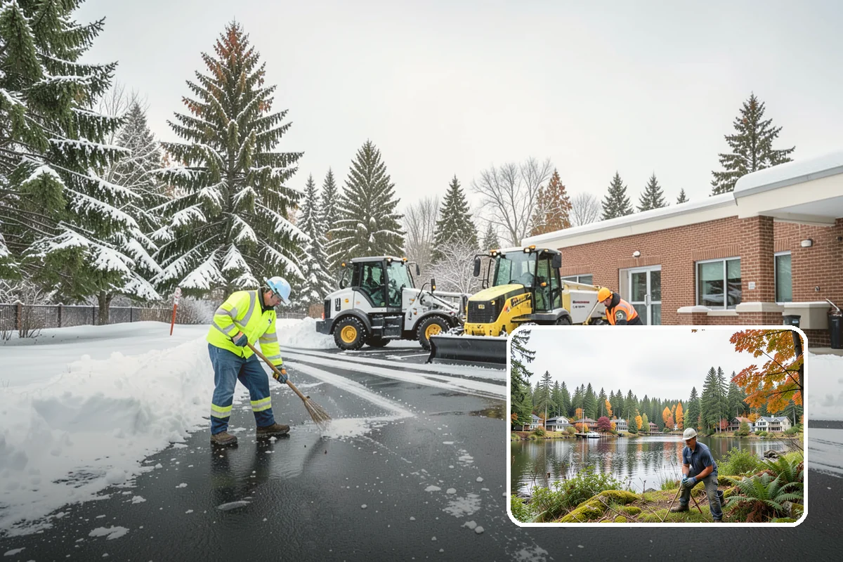 Industrial Facility Snow Plowing in La Conner, Skagit County, WA - Wide yards and truck routes cleared with heavy equipment