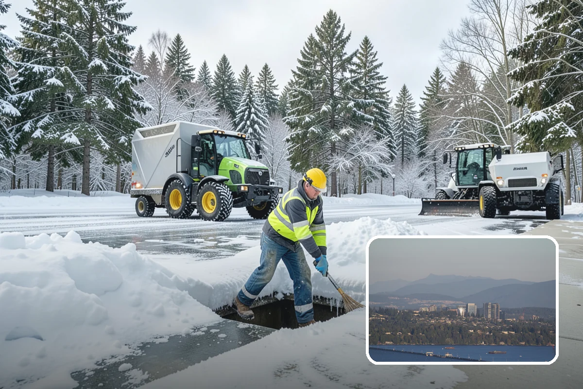 Industrial Facility Snow Plowing in Medina, King County, WA - Wide yards and truck routes cleared with heavy equipment