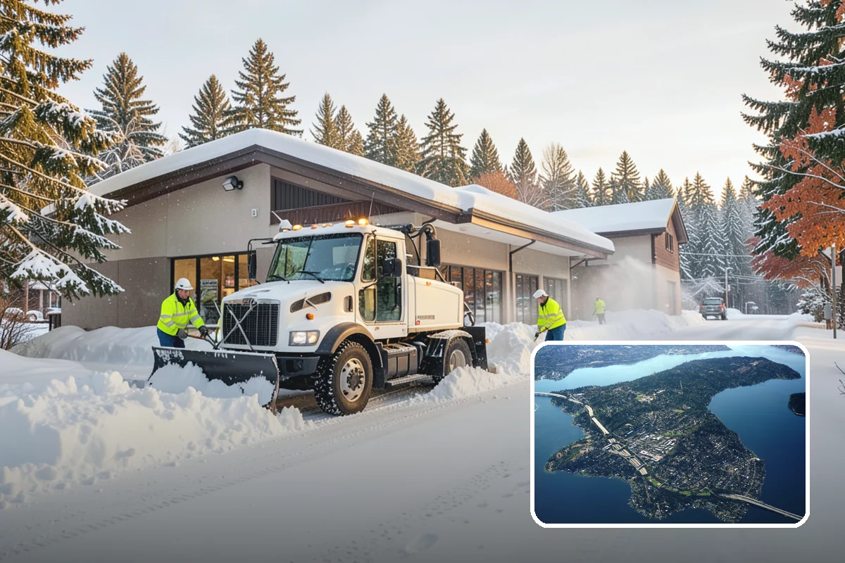 Industrial Facility Snow Plowing in Mercer Island, King County, WA - Wide yards and truck routes cleared with heavy equipment