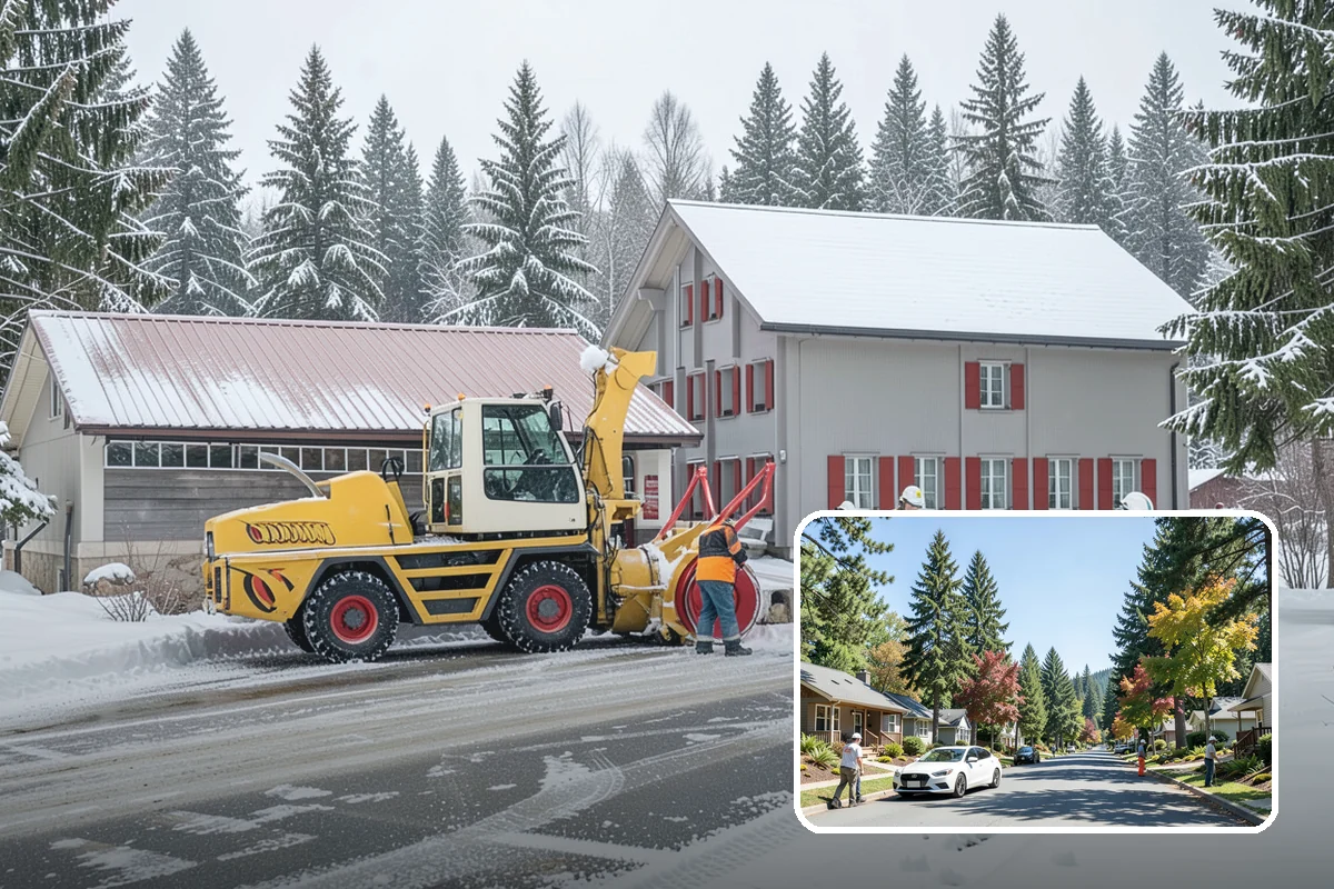 Industrial Facility Snow Plowing in Orting, Pierce County, WA - Wide yards and truck routes cleared with heavy equipment