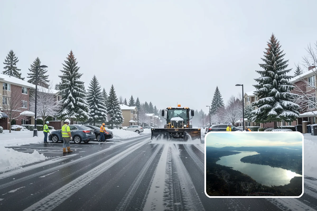 Industrial Facility Snow Plowing in Sammamish, King County, WA - Wide yards and truck routes cleared with heavy equipment