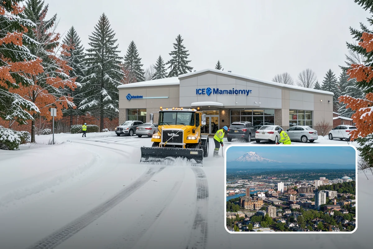 Industrial Facility Snow Plowing in Tacoma, Pierce County, WA - Wide yards and truck routes cleared with heavy equipment
