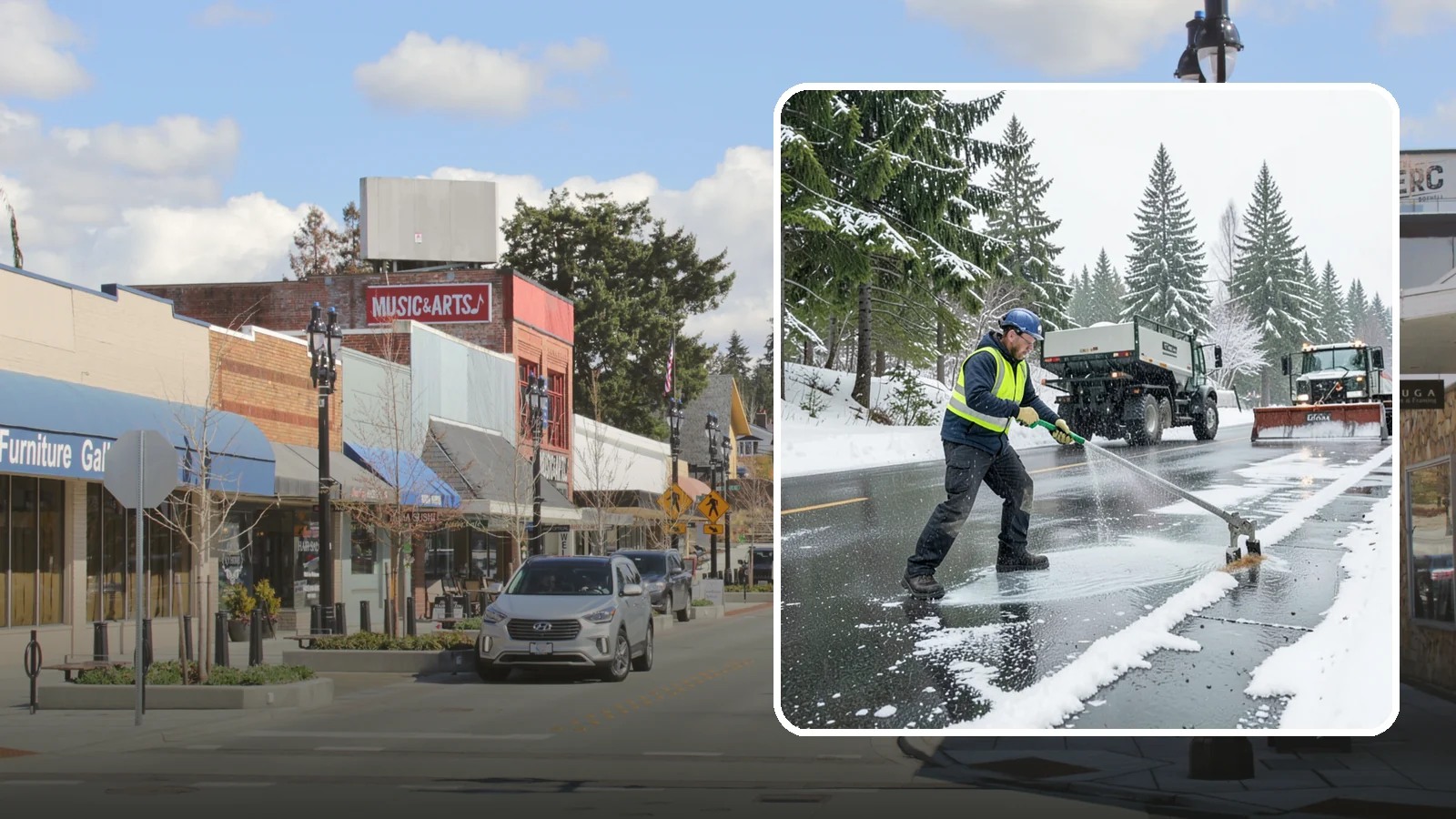 Liquid Deicing in Bothell, King County, WA - Liquid deicing sprays brine directly onto pavement for fast, even coverage that resists the wind and rain of coastal winters.