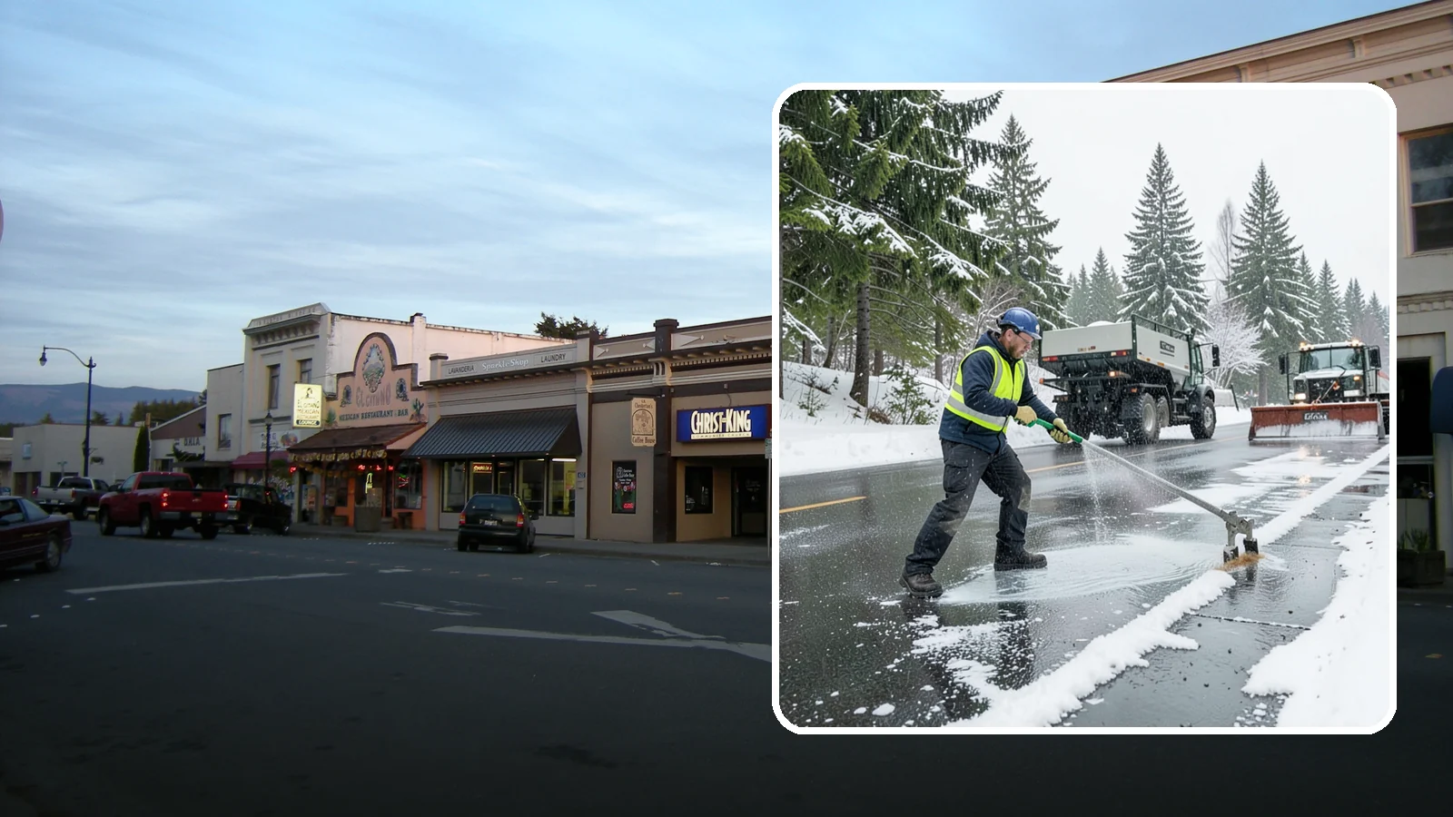 Liquid Deicing in Burlington, Skagit County, WA - Liquid deicing sprays brine directly onto pavement for fast, even coverage that resists the wind and rain of coastal winters.