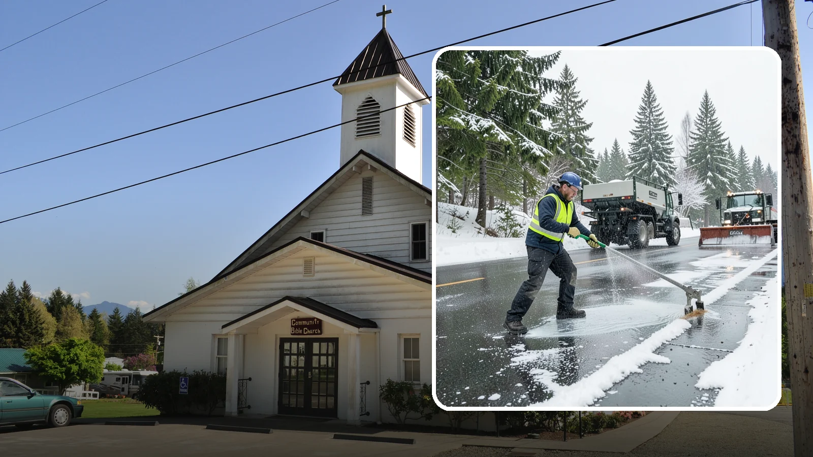 Liquid Deicing in Concrete, Skagit County, WA - Liquid deicing sprays brine directly onto pavement for fast, even coverage that resists the wind and rain of coastal winters.