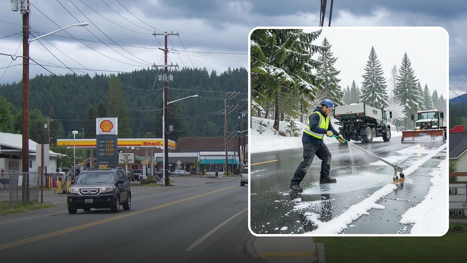 Liquid Deicing in Granite Falls, Snohomish County, WA - Liquid deicing sprays brine directly onto pavement for fast, even coverage that resists the wind and rain of coastal winters.