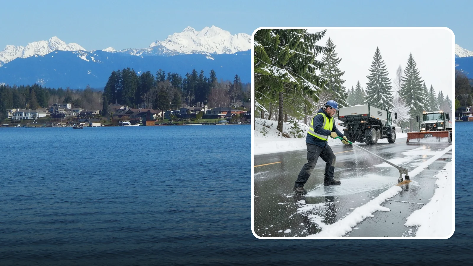 Liquid Deicing in Lake Stevens, Snohomish County, WA - Liquid deicing sprays brine directly onto pavement for fast, even coverage that resists the wind and rain of coastal winters.