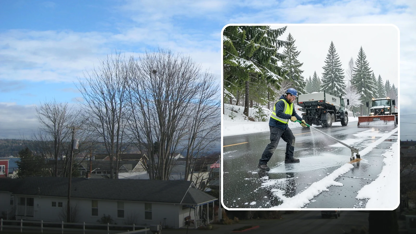 Liquid Deicing in Langley, Island County, WA - Liquid deicing sprays brine directly onto pavement for fast, even coverage that resists the wind and rain of coastal winters.