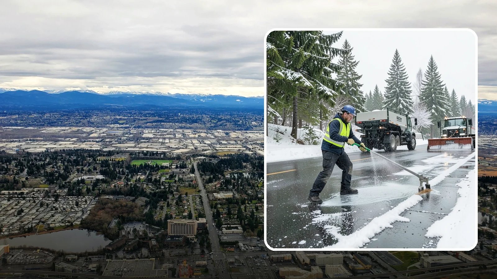 Liquid Deicing in SeaTac, King County, WA - Liquid deicing sprays brine directly onto pavement for fast, even coverage that resists the wind and rain of coastal winters.