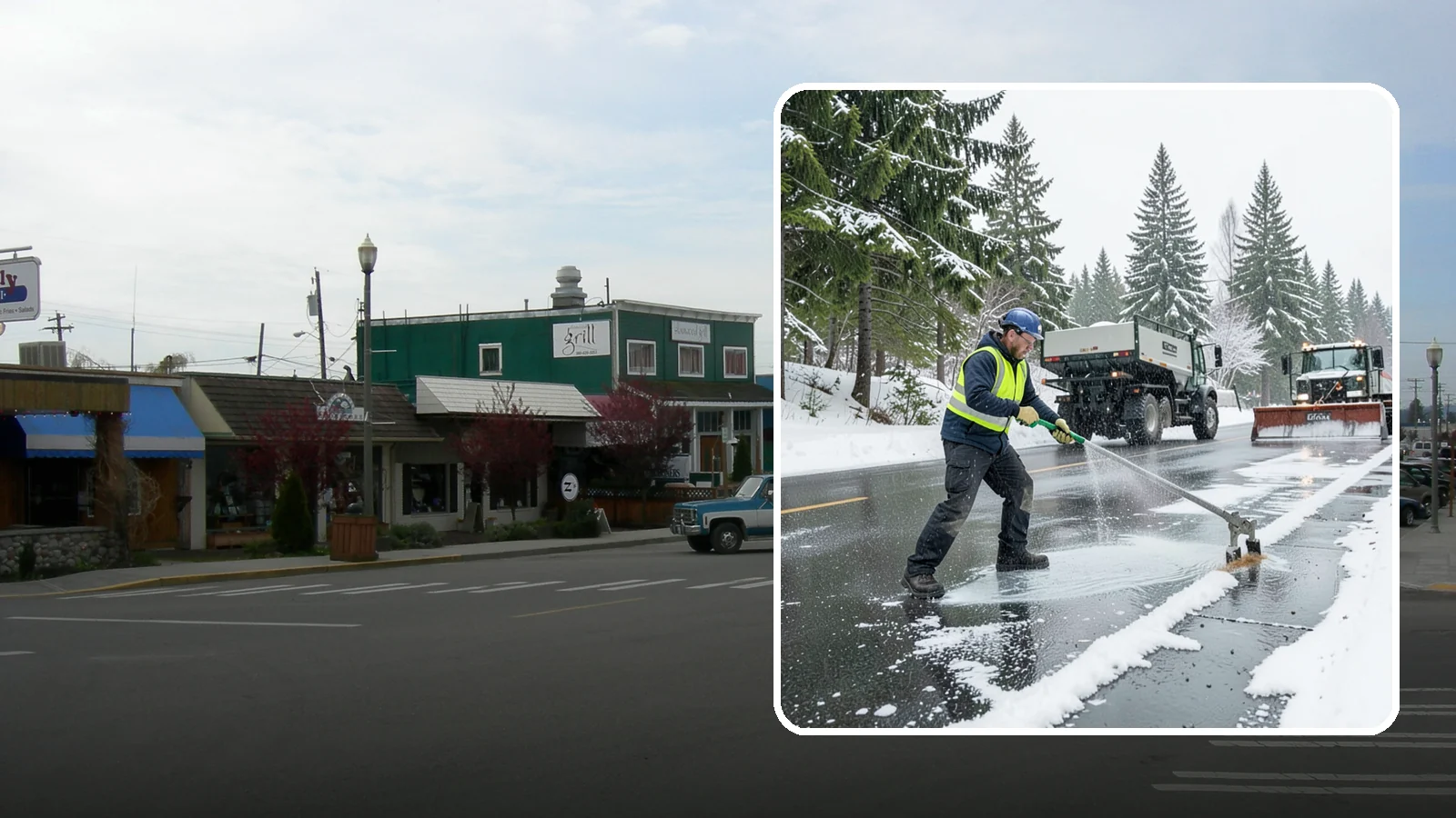 Liquid Deicing in Stanwood, Snohomish County, WA - Liquid deicing sprays brine directly onto pavement for fast, even coverage that resists the wind and rain of coastal winters.