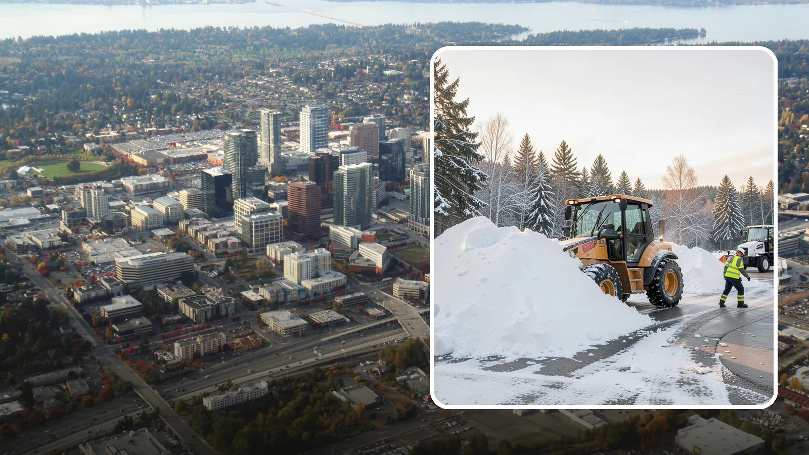 Loader Snow Relocation in Bellevue, King County, WA - We use wheel loaders to move large volumes of snow quickly across big commercial sites.