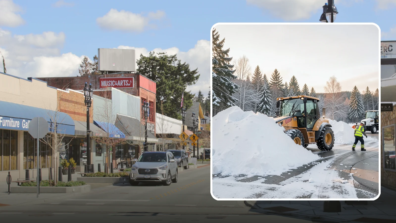Loader Snow Relocation in Bothell, King County, WA - We use wheel loaders to move large volumes of snow quickly across big commercial sites.