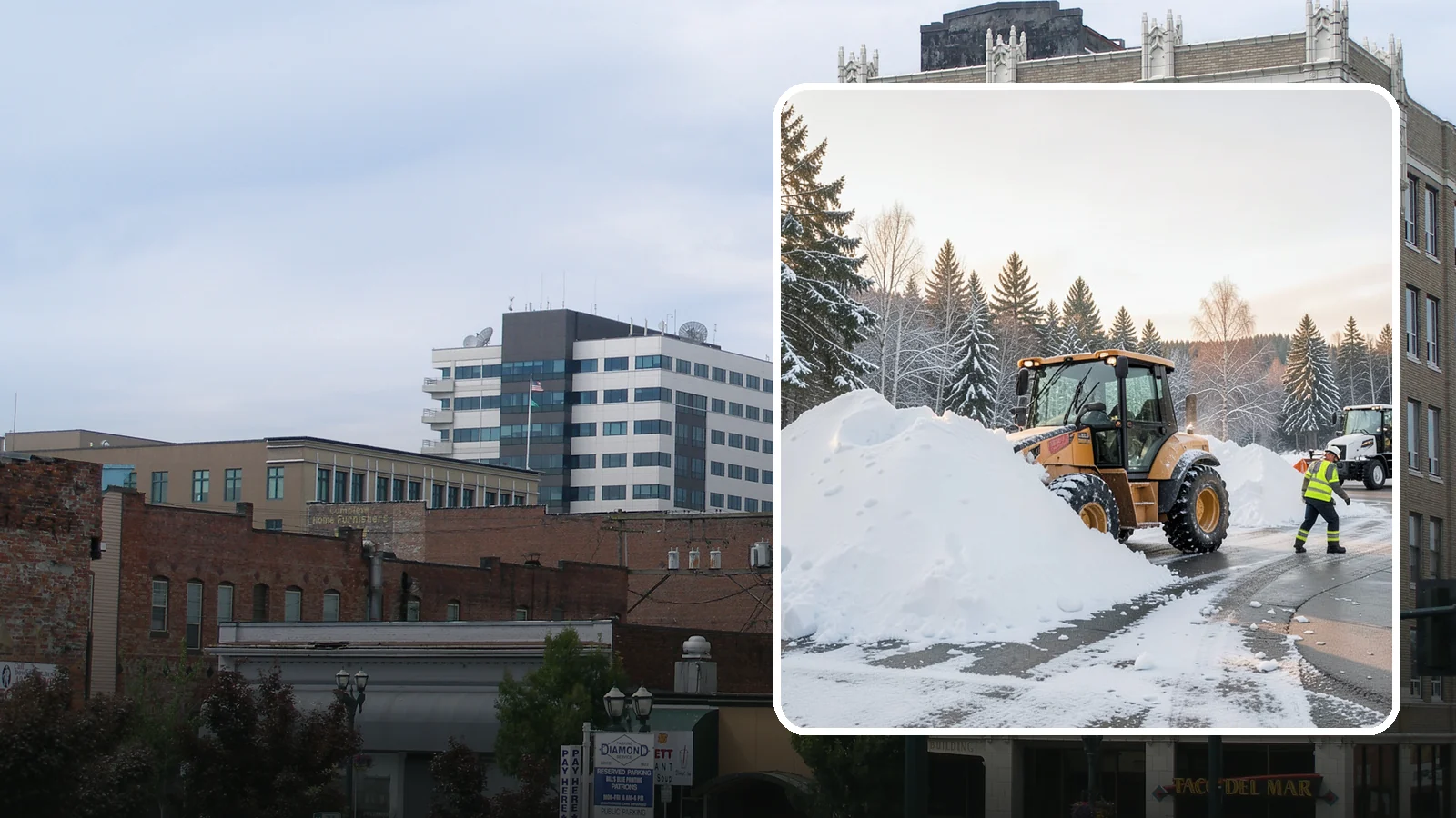 Loader Snow Relocation in Everett, Snohomish County, WA - We use wheel loaders to move large volumes of snow quickly across big commercial sites.