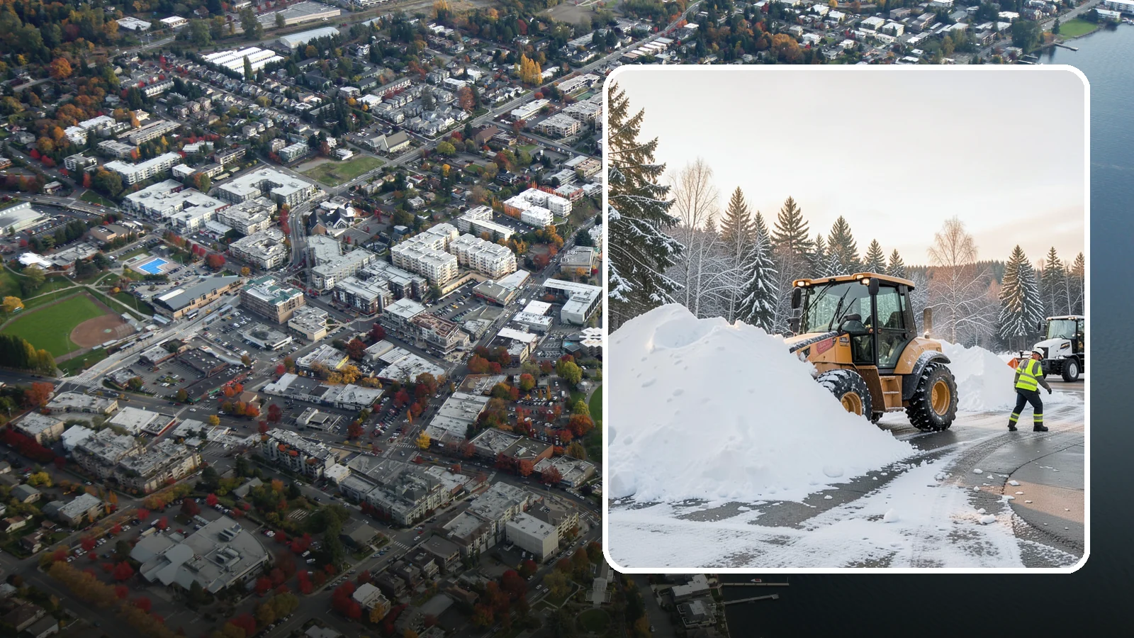 Loader Snow Relocation in Kirkland, King County, WA - We use wheel loaders to move large volumes of snow quickly across big commercial sites.