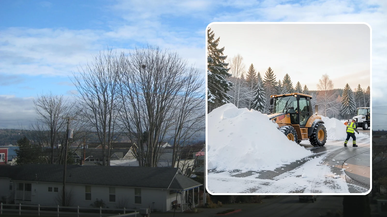Loader Snow Relocation in Langley, Island County, WA - We use wheel loaders to move large volumes of snow quickly across big commercial sites.