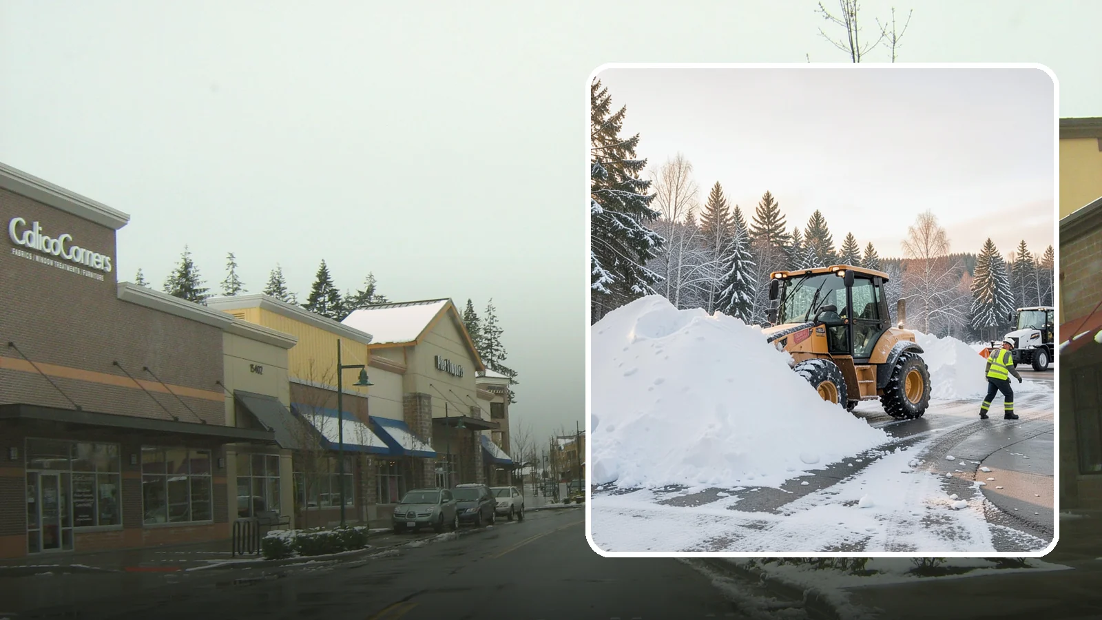 Loader Snow Relocation in Mill Creek, Snohomish County, WA - We use wheel loaders to move large volumes of snow quickly across big commercial sites.