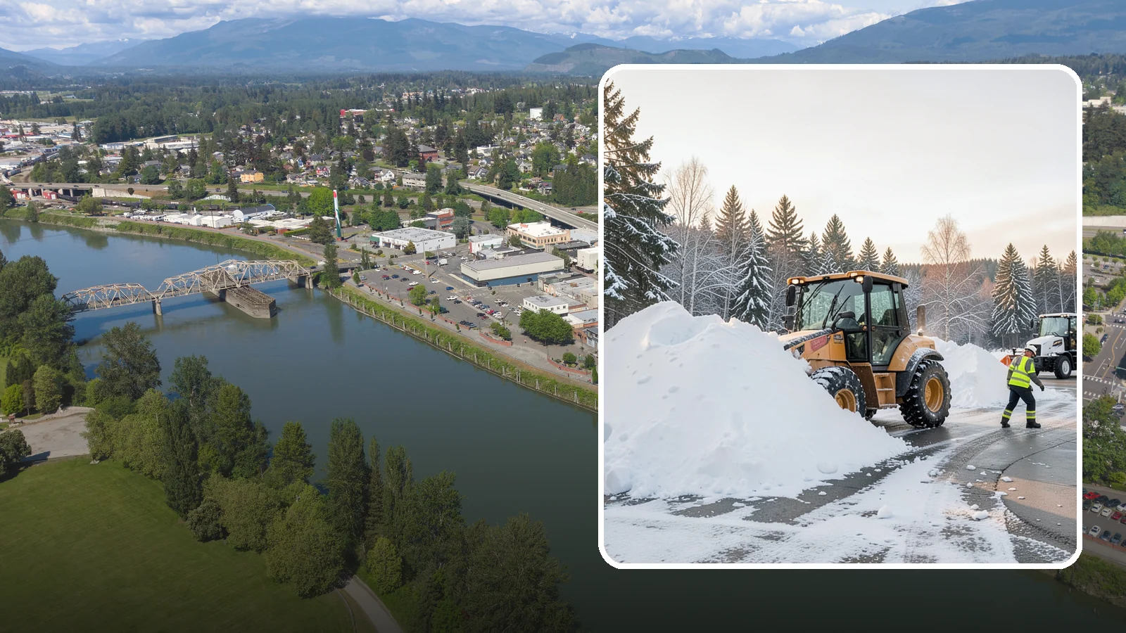 Loader Snow Relocation in Mount Vernon, Skagit County, WA - We use wheel loaders to move large volumes of snow quickly across big commercial sites.