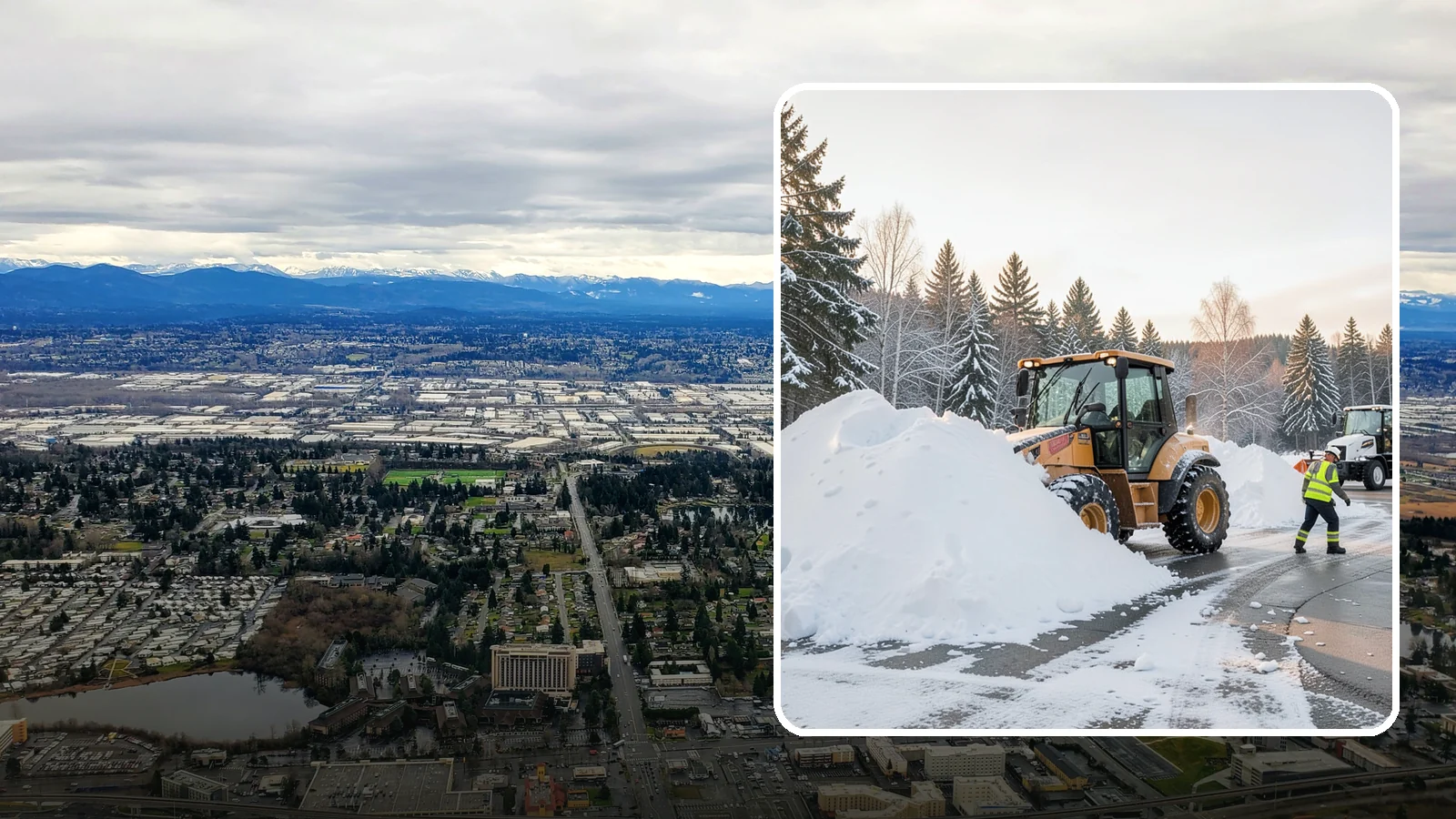 Loader Snow Relocation in SeaTac, King County, WA - We use wheel loaders to move large volumes of snow quickly across big commercial sites.