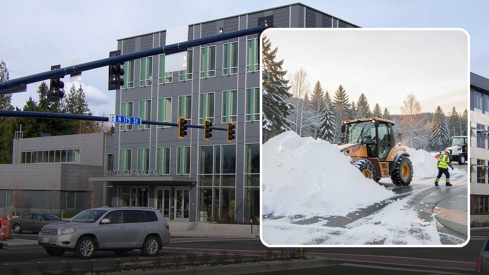 Loader Snow Relocation in Shoreline, King County, WA - We use wheel loaders to move large volumes of snow quickly across big commercial sites.
