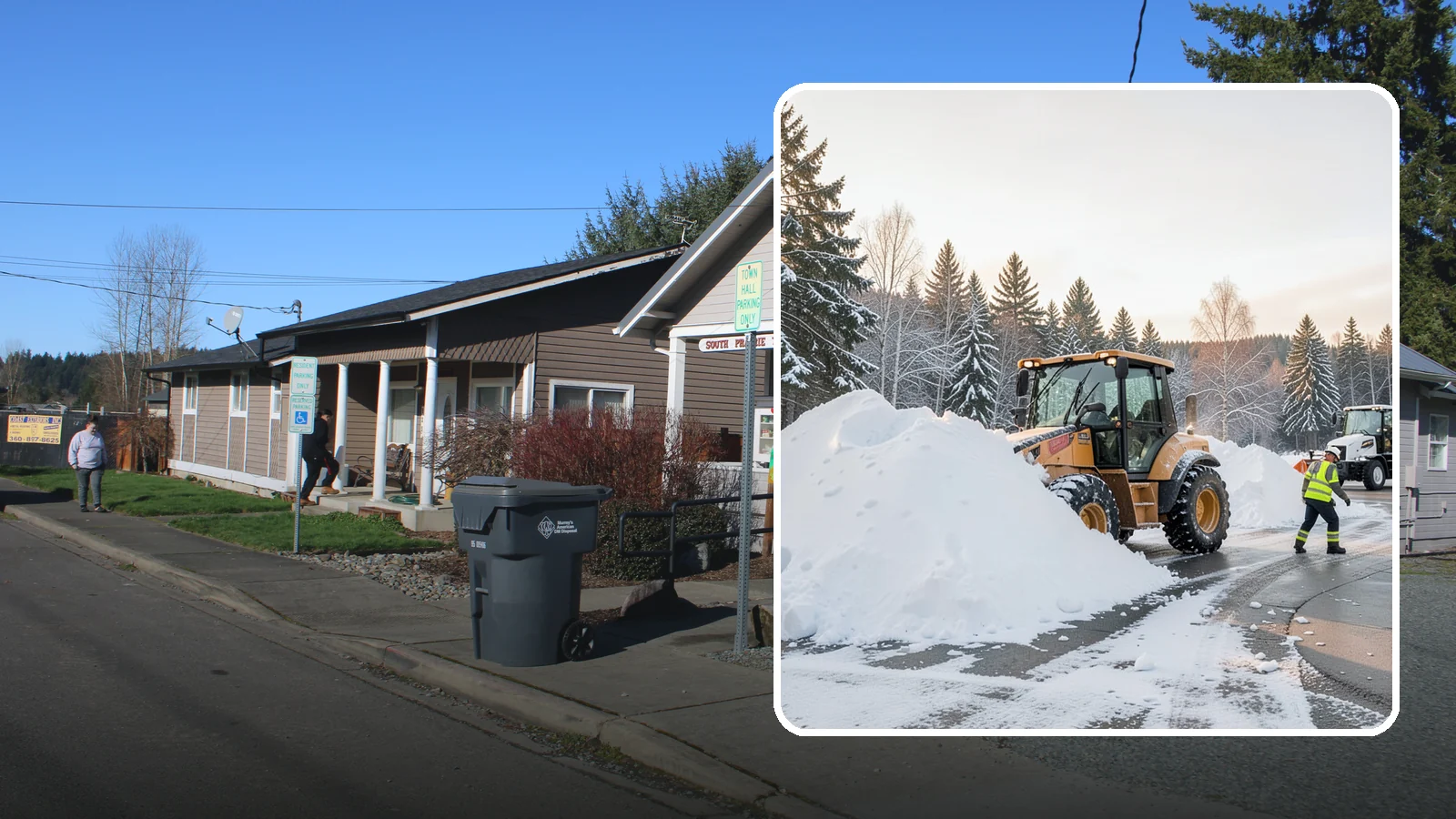 Loader Snow Relocation in South Prairie, Pierce County, WA - We use wheel loaders to move large volumes of snow quickly across big commercial sites.