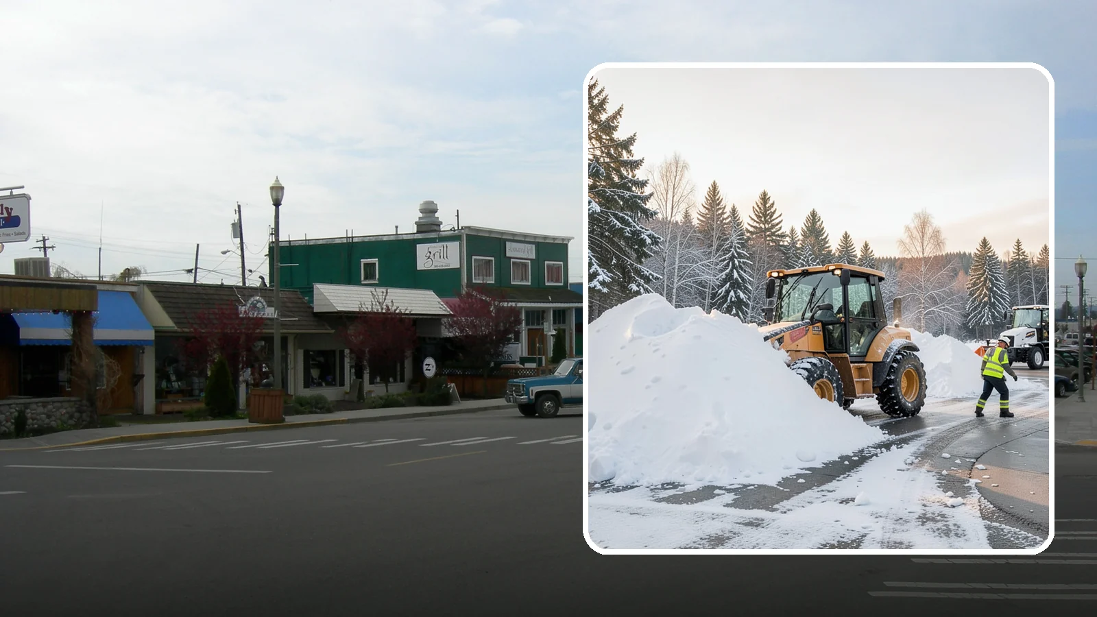 Loader Snow Relocation in Stanwood, Snohomish County, WA - We use wheel loaders to move large volumes of snow quickly across big commercial sites.