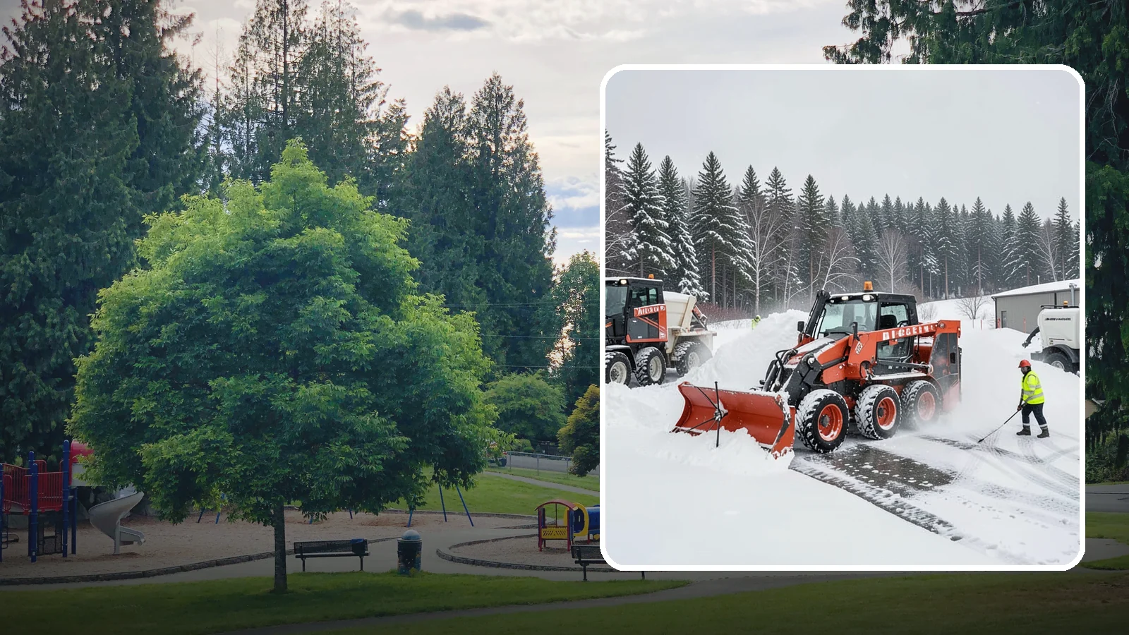 Loader Snow Removal in Bonney Lake, Pierce County, WA - Our wheel loaders move and stockpile large volumes of snow on big lots and industrial properties.