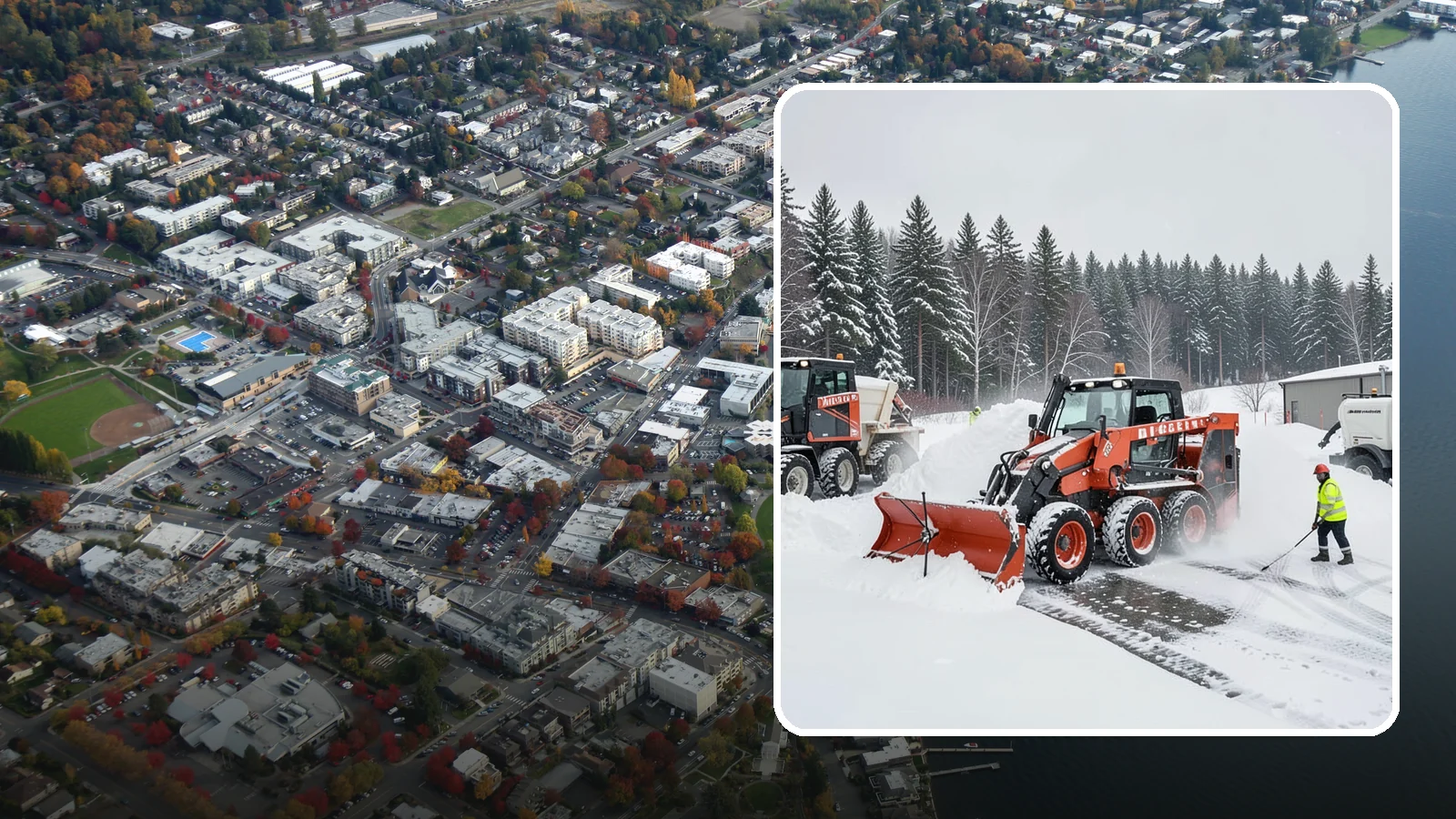 Loader Snow Removal in Kirkland, King County, WA - Our wheel loaders move and stockpile large volumes of snow on big lots and industrial properties.