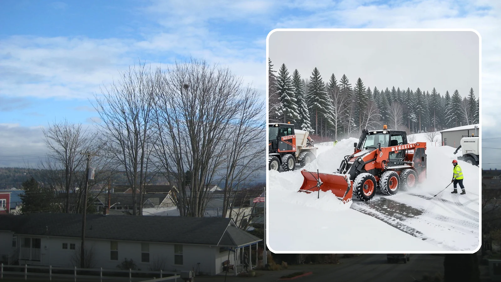 Loader Snow Removal in Langley, Island County, WA - Our wheel loaders move and stockpile large volumes of snow on big lots and industrial properties.