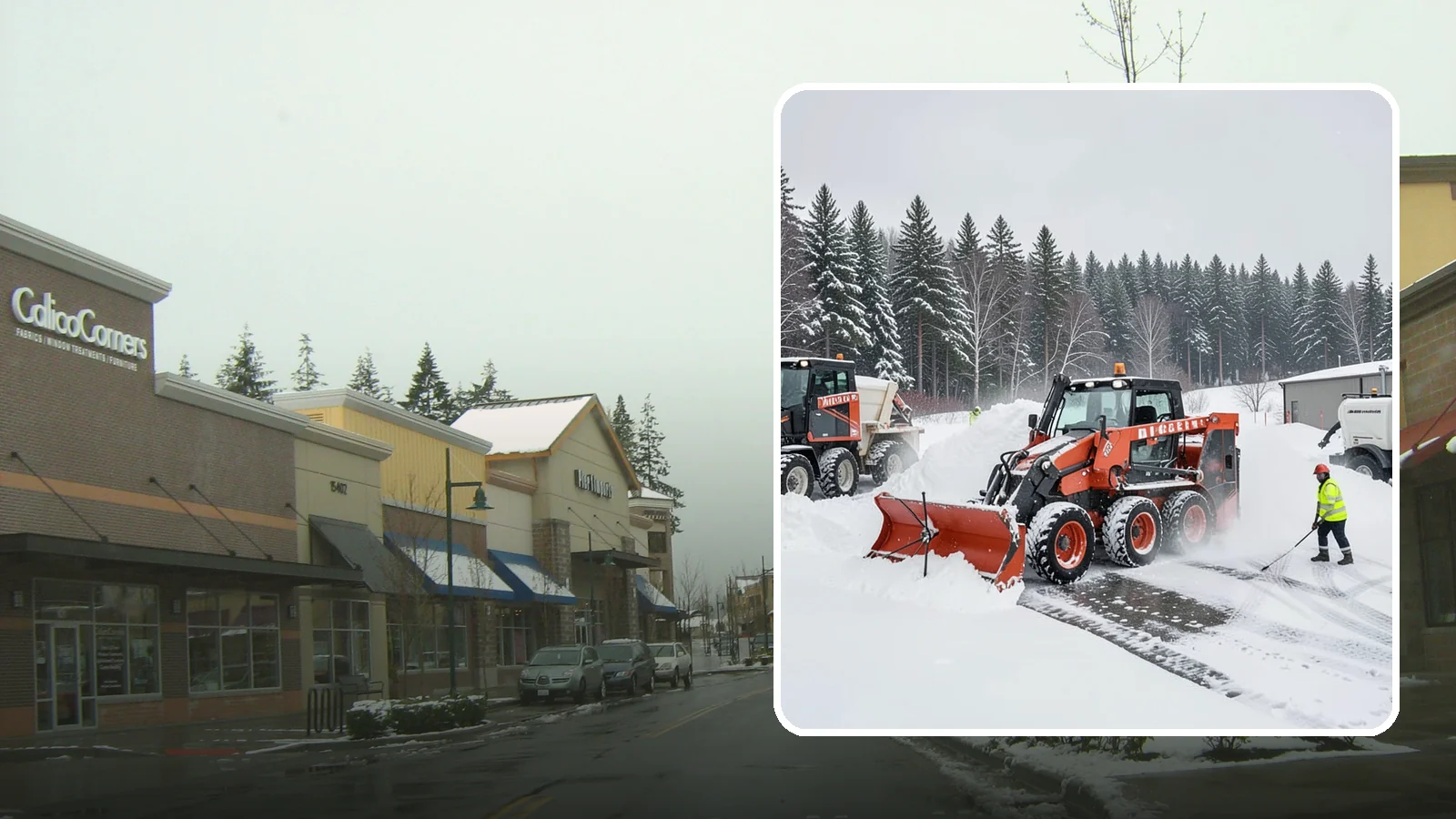 Loader Snow Removal in Mill Creek, Snohomish County, WA - Our wheel loaders move and stockpile large volumes of snow on big lots and industrial properties.