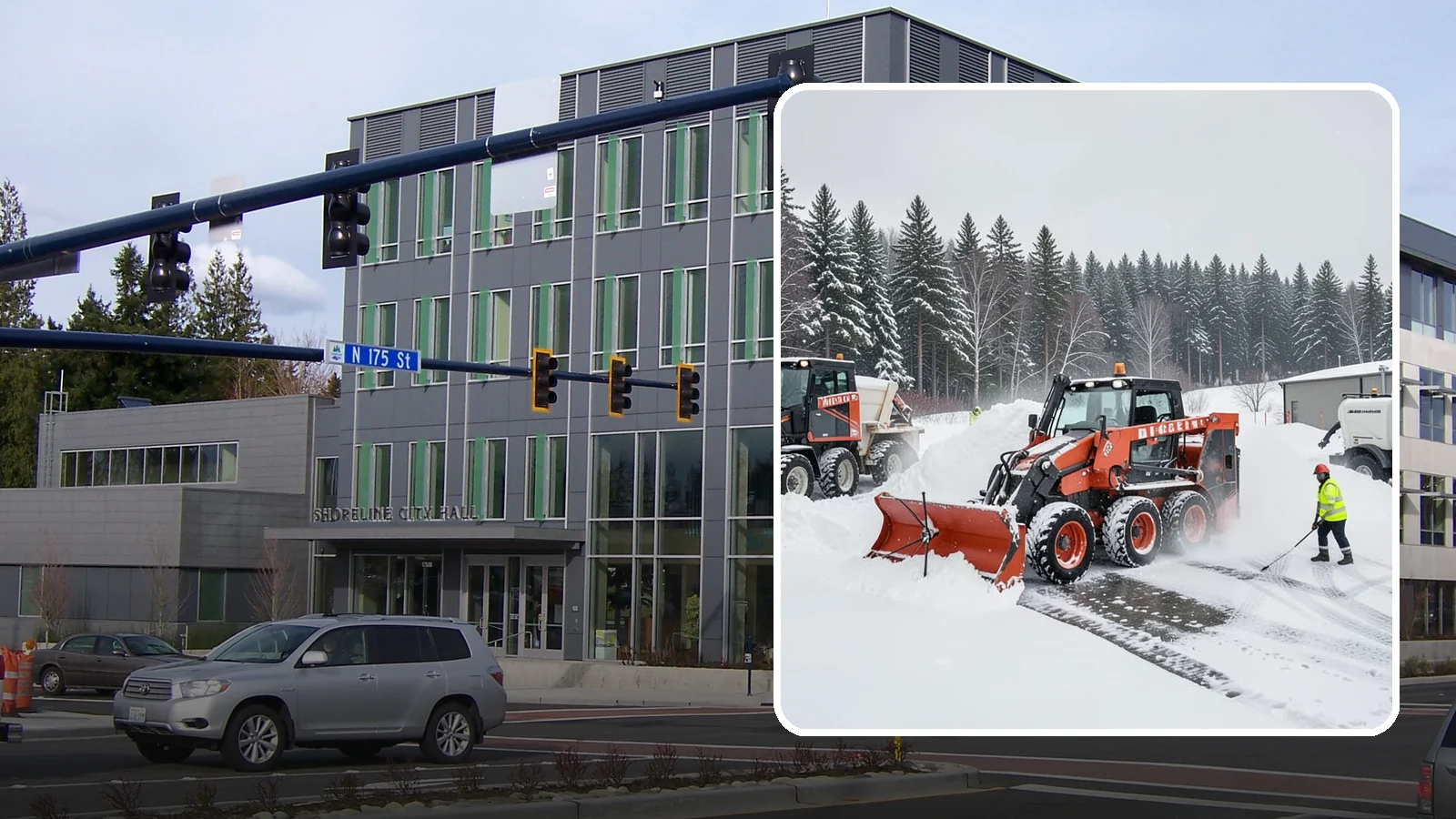 Loader Snow Removal in Shoreline, King County, WA - Our wheel loaders move and stockpile large volumes of snow on big lots and industrial properties.