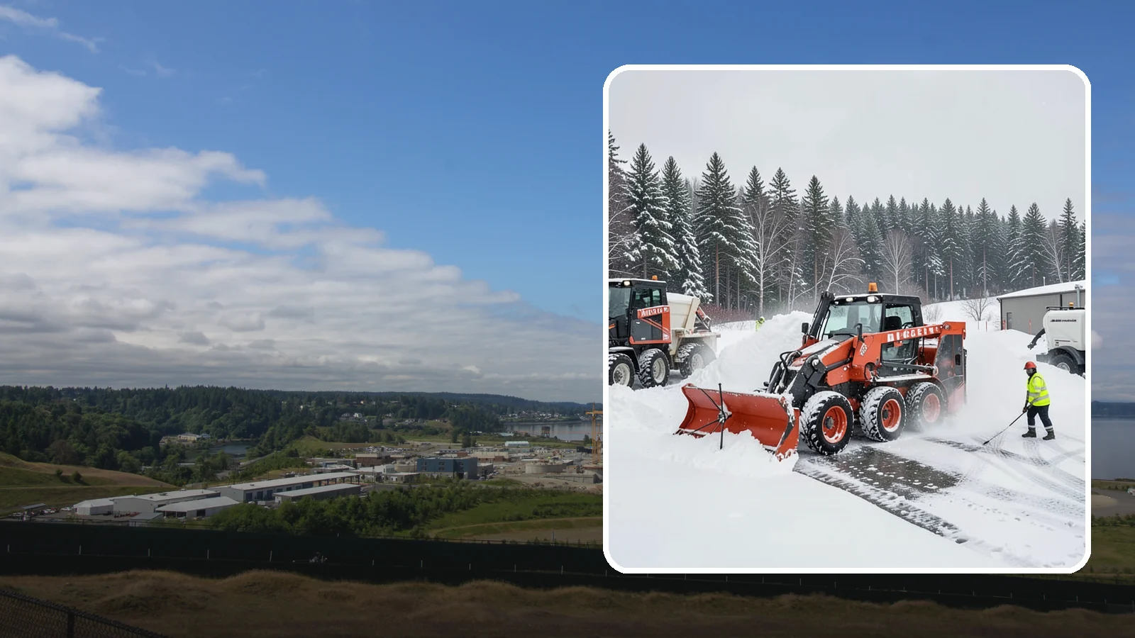 Loader Snow Removal in University Place, Pierce County, WA - Our wheel loaders move and stockpile large volumes of snow on big lots and industrial properties.