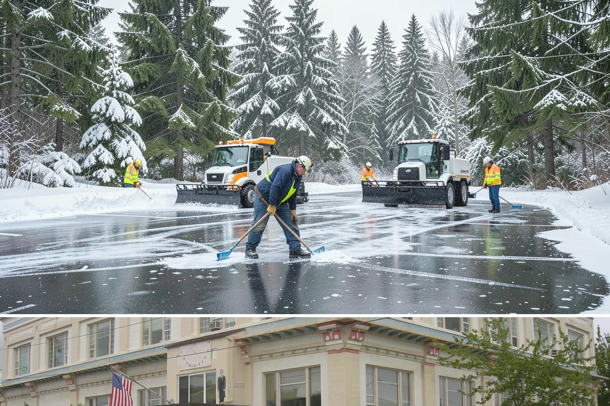 Loading Dock Snow Removal in Anacortes, Skagit County, WA - Loading docks need close attention during midwinter cold snaps when wet snow refreezes quickly under constant trailer weight.