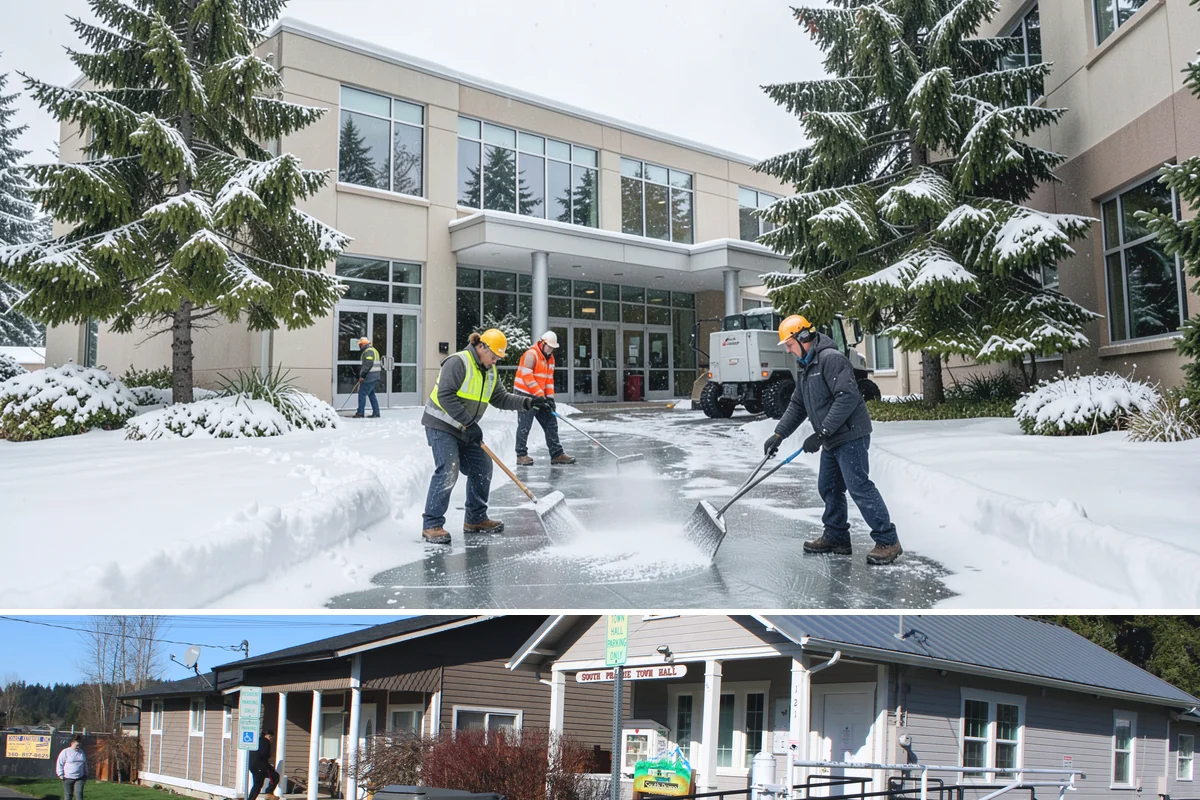 Loading Dock Snow Removal in South Prairie, Pierce County, WA - Loading docks need close attention during midwinter cold snaps when wet snow refreezes quickly under constant trailer weight.