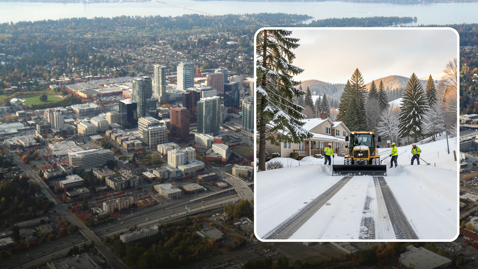 Long Driveway Snow Removal in Bellevue, King County, WA - We clear long rural and hillside driveways end to end so you never get stranded at home.