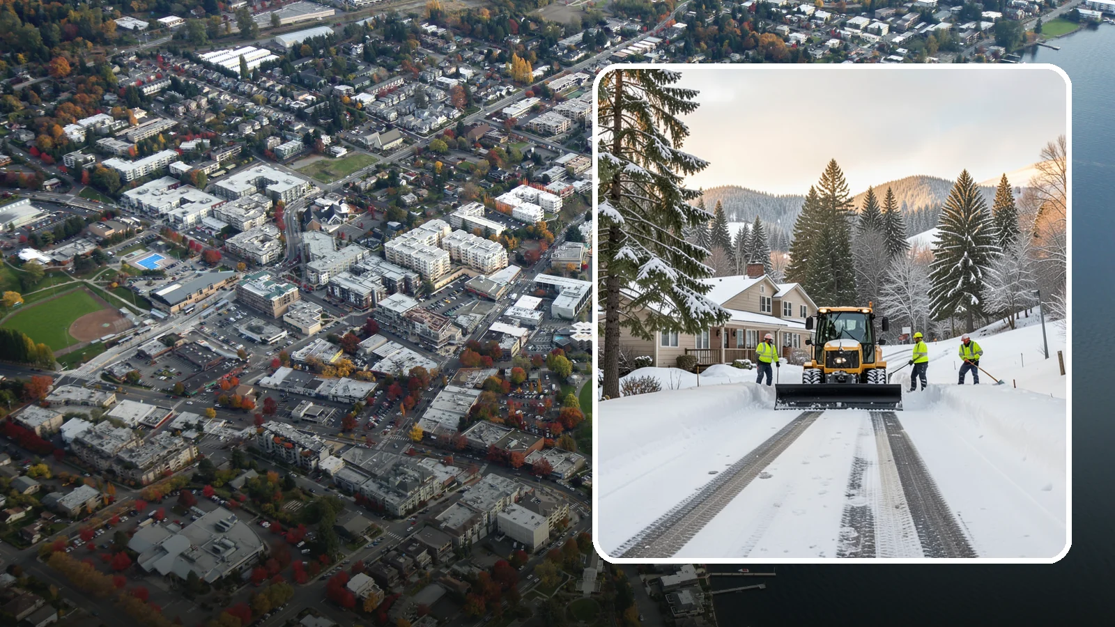 Long Driveway Snow Removal in Kirkland, King County, WA - We clear long rural and hillside driveways end to end so you never get stranded at home.