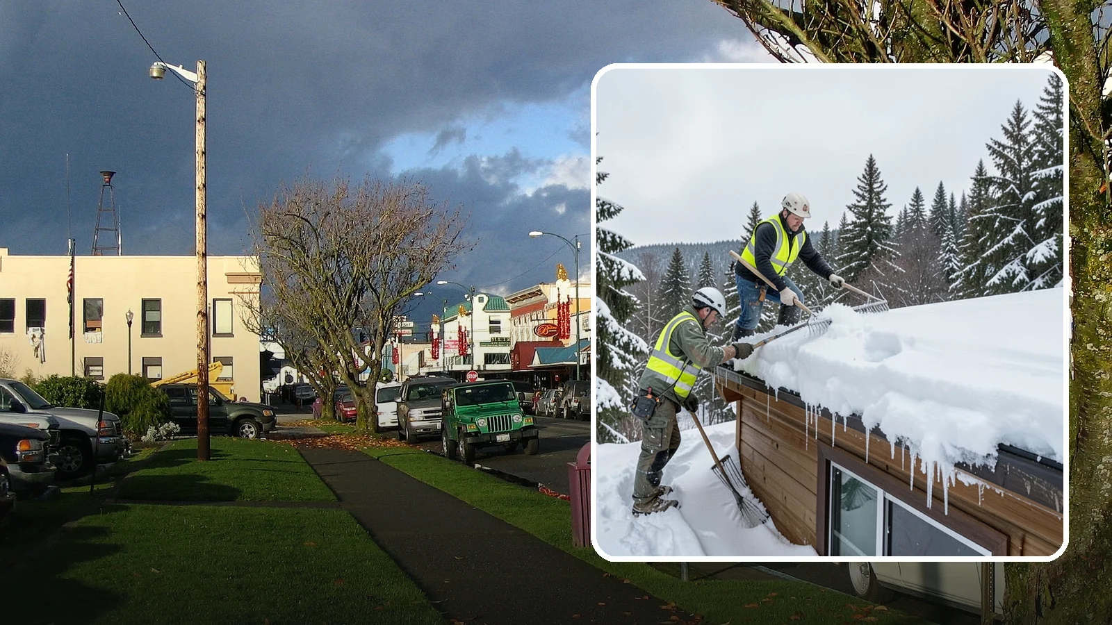 Low-Slope Roof Snow Removal in Arlington, Snohomish County, WA - We remove snow from flat and low-slope roofs where heavy Northwest snow collects and lingers.