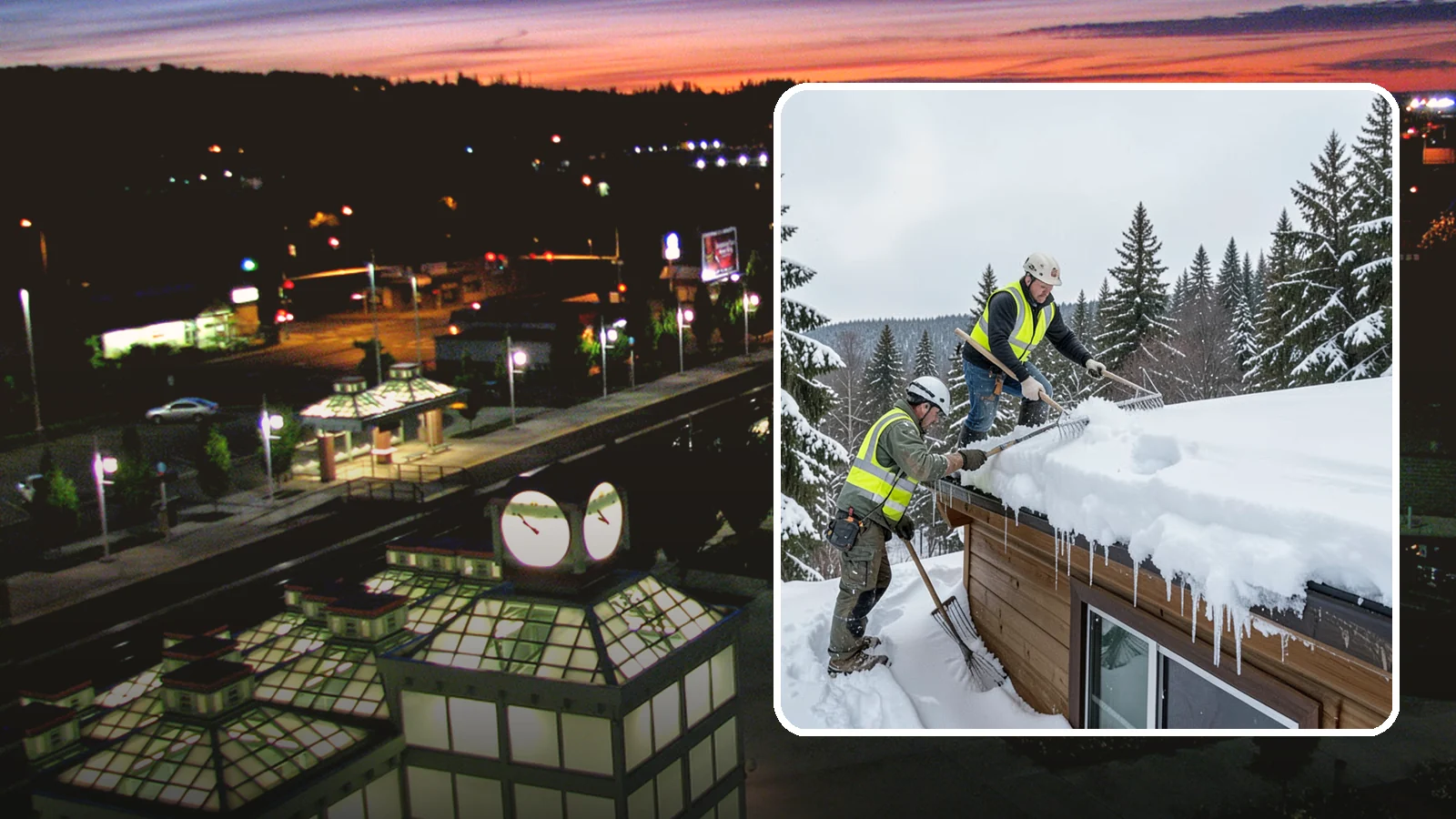 Low-Slope Roof Snow Removal in Auburn, King County, WA - We remove snow from flat and low-slope roofs where heavy Northwest snow collects and lingers.