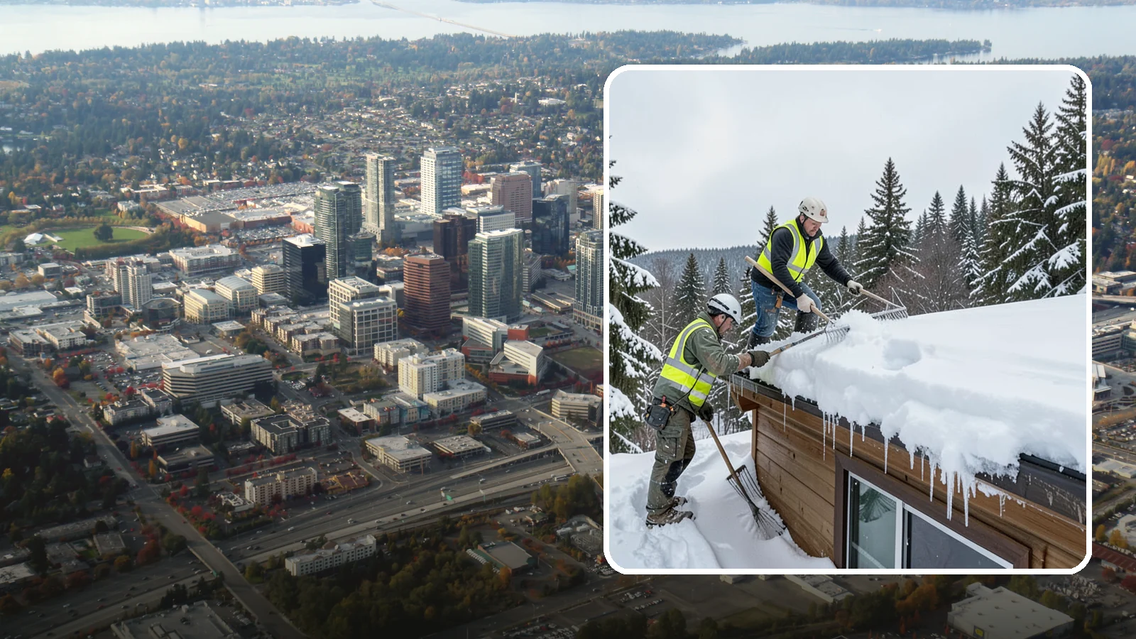 Low-Slope Roof Snow Removal in Bellevue, King County, WA - We remove snow from flat and low-slope roofs where heavy Northwest snow collects and lingers.