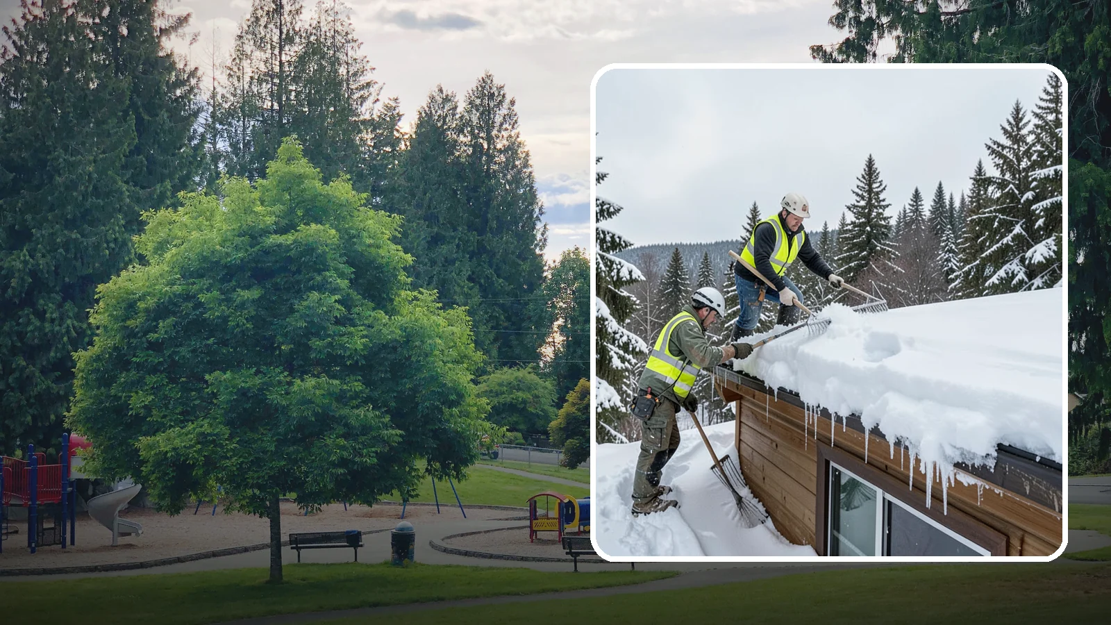Low-Slope Roof Snow Removal in Bonney Lake, Pierce County, WA - We remove snow from flat and low-slope roofs where heavy Northwest snow collects and lingers.