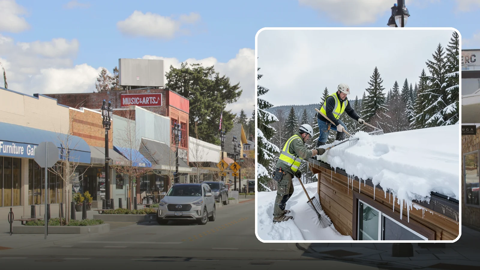 Low-Slope Roof Snow Removal in Bothell, King County, WA - We remove snow from flat and low-slope roofs where heavy Northwest snow collects and lingers.