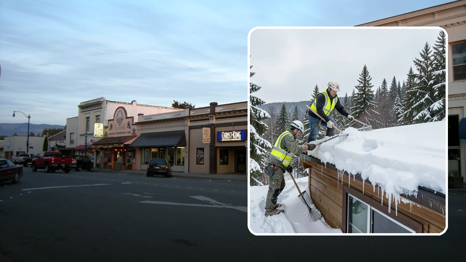 Low-Slope Roof Snow Removal in Burlington, Skagit County, WA - We remove snow from flat and low-slope roofs where heavy Northwest snow collects and lingers.