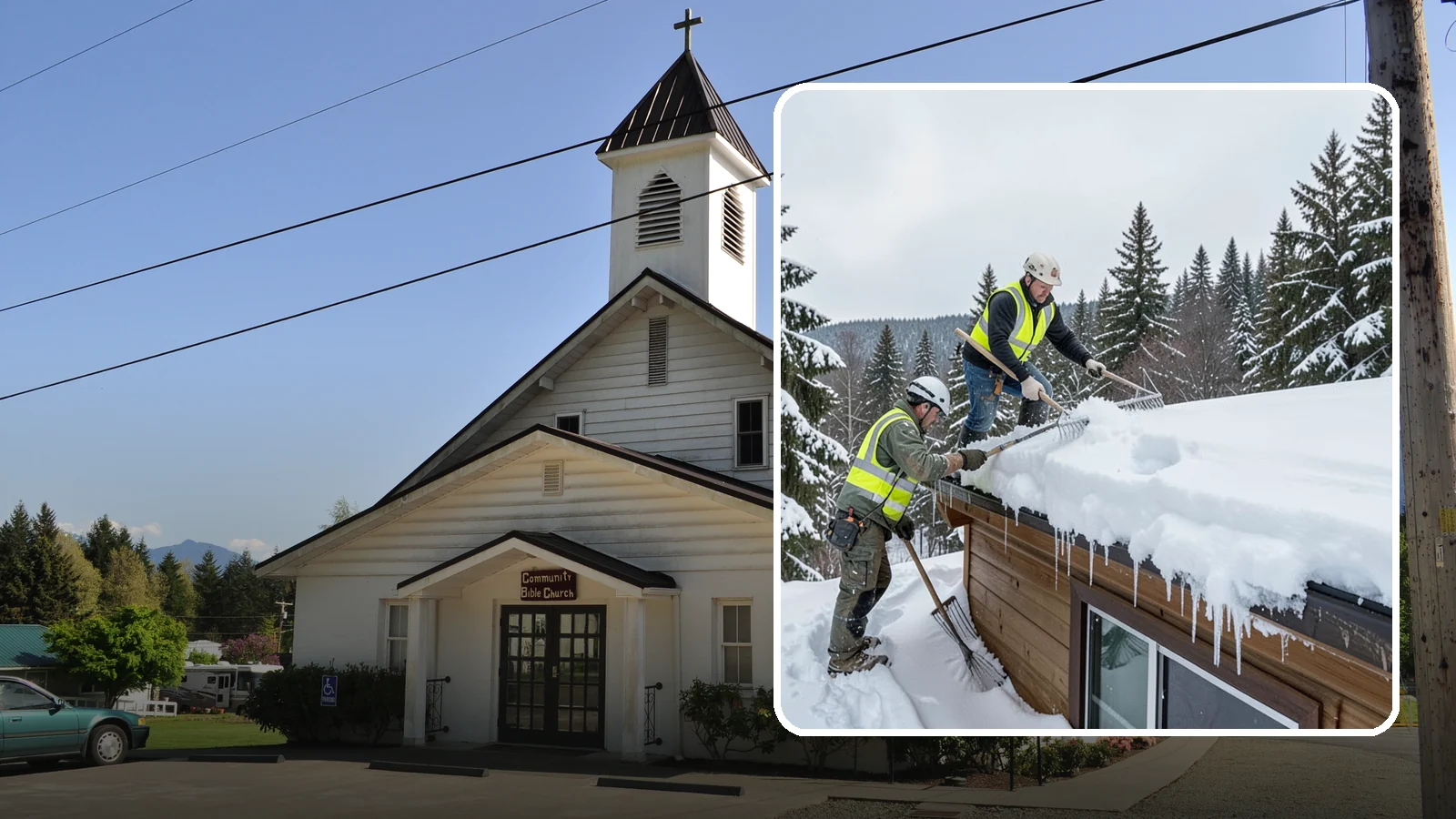 Low-Slope Roof Snow Removal in Concrete, Skagit County, WA - We remove snow from flat and low-slope roofs where heavy Northwest snow collects and lingers.