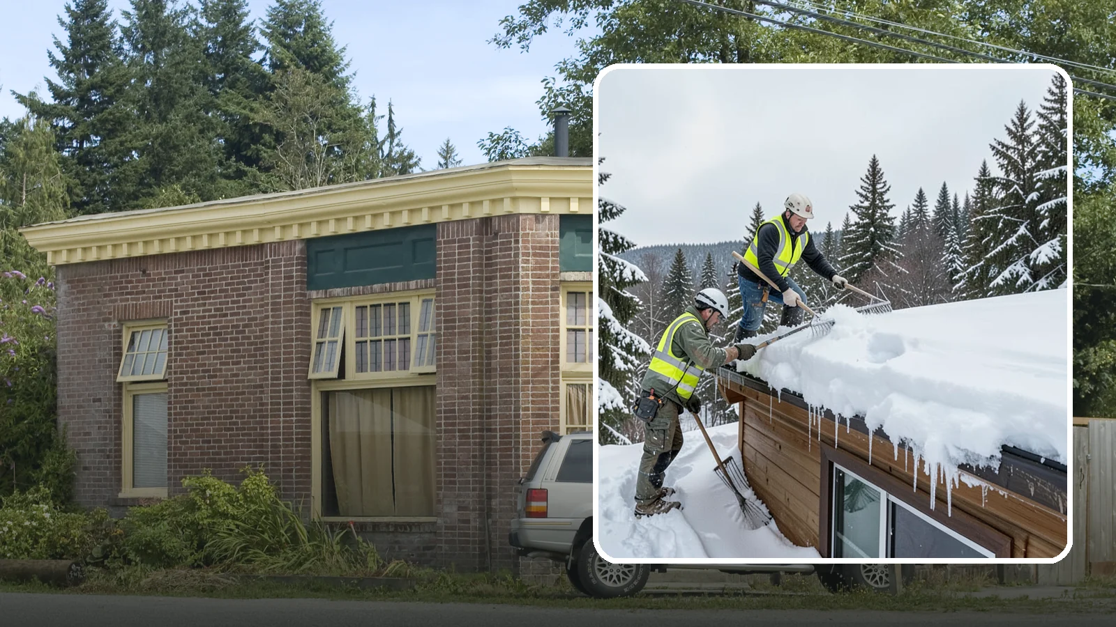 Low-Slope Roof Snow Removal in Hamilton, Skagit County, WA - We remove snow from flat and low-slope roofs where heavy Northwest snow collects and lingers.