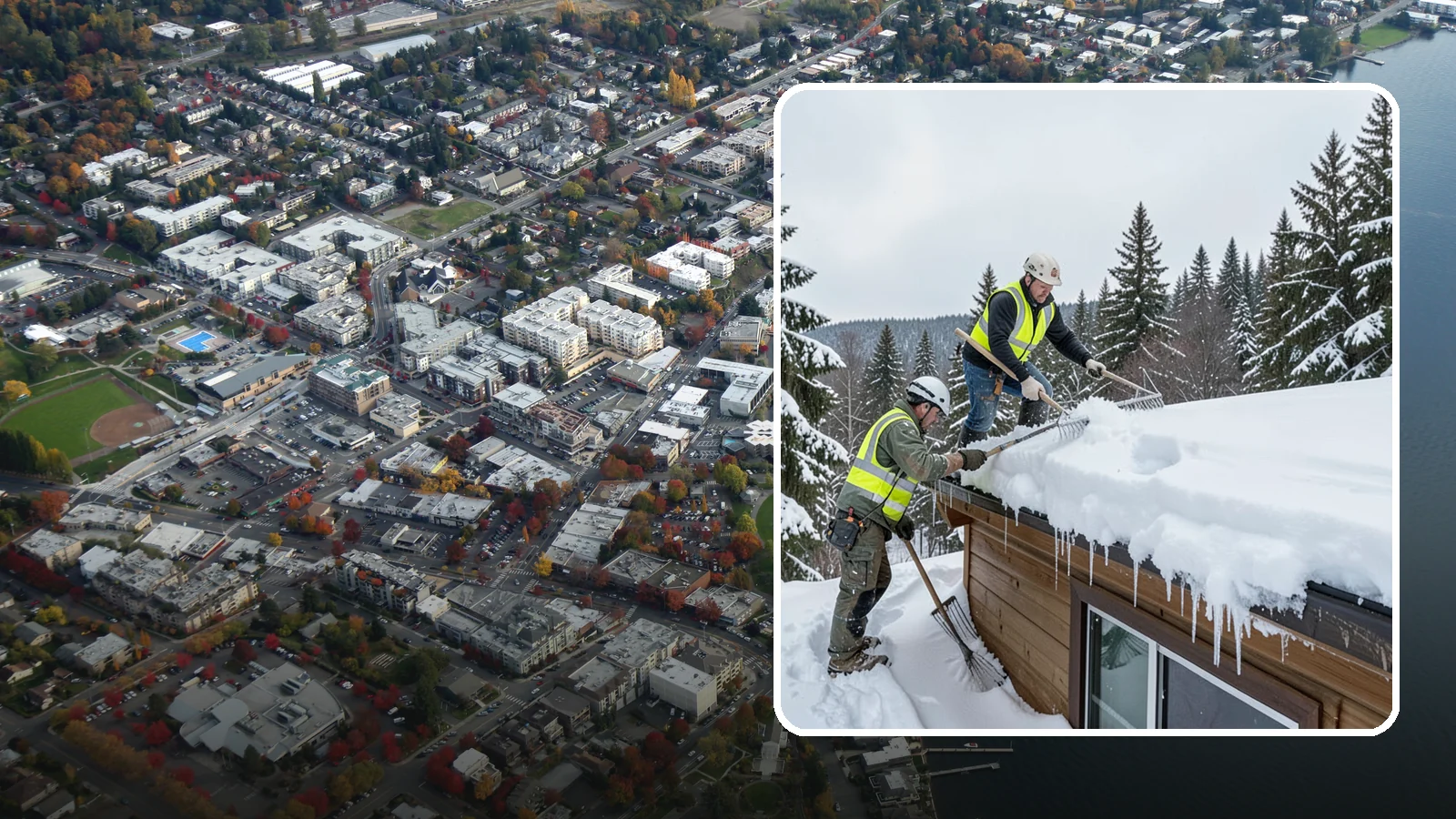 Low-Slope Roof Snow Removal in Kirkland, King County, WA - We remove snow from flat and low-slope roofs where heavy Northwest snow collects and lingers.